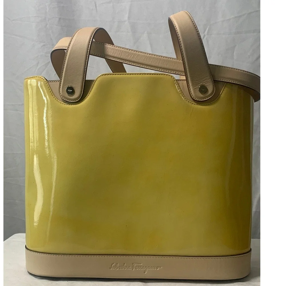 Salvatore Ferragamo Yellow Patent Leather Bag Beige Trim AQ-21 1241 Italy#887